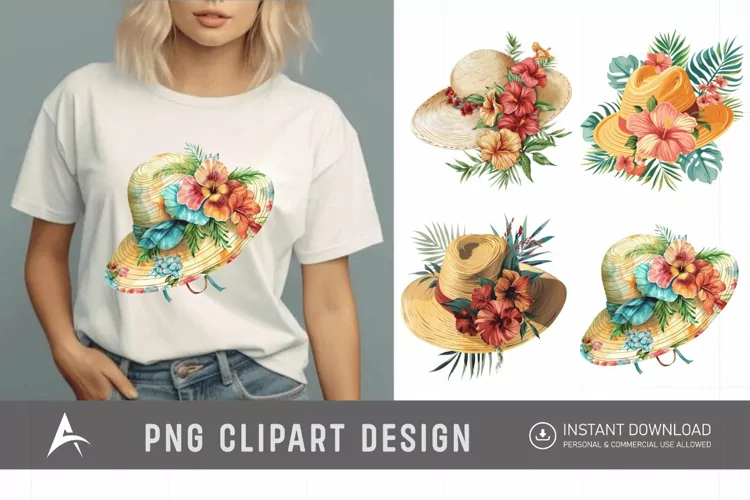 Watercolor Summer Beach floral hat Clipart
