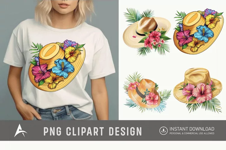 Watercolor Summer Beach floral hat Clipart