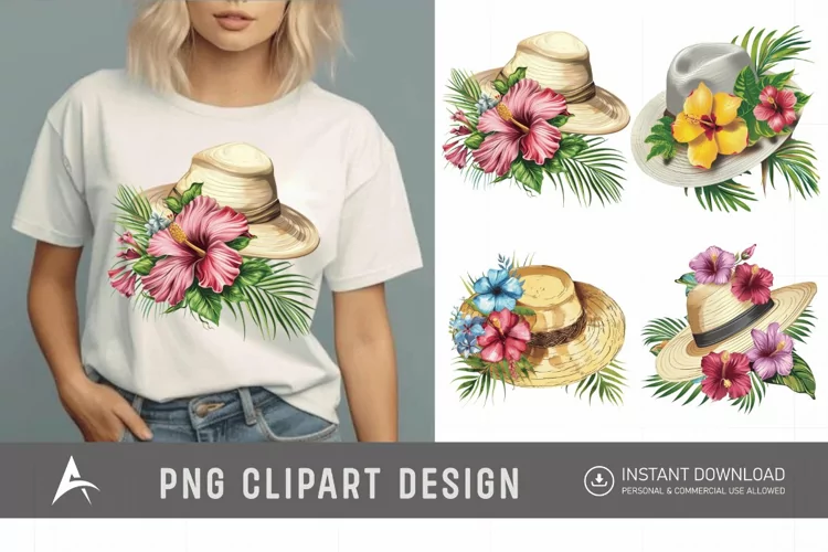 Watercolor Summer Beach floral hat Clipart