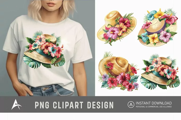 Watercolor Summer Beach floral hat Clipart
