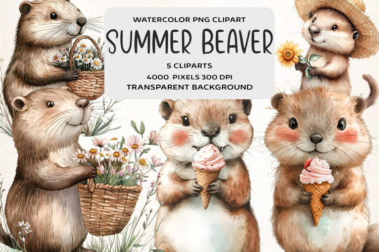 Watercolor Summer Beaver Clipart
