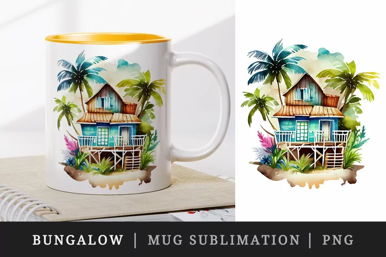 Watercolor bungalow mug, cup wrap sublimation design png