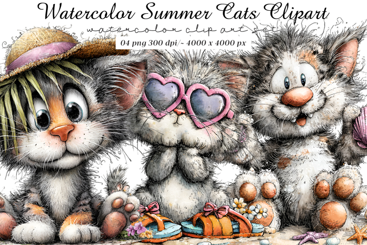 Watercolor summer cats clipart