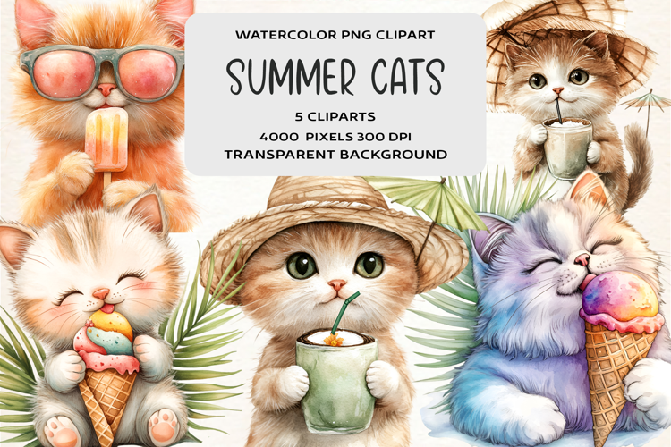 Watercolor Summer Cats Clipart