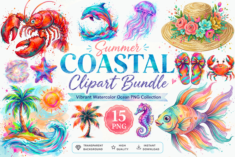 Watercolor Summer Coastal Clipart PNG Bundle Sublimation Art