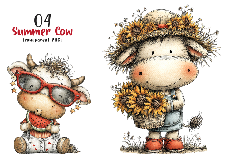 Watercolor Summer Cow Clipart