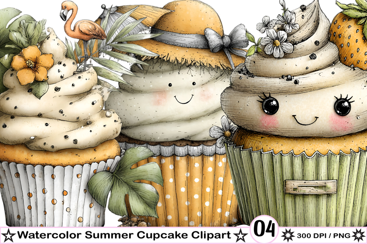 Watercolor Summer Cupcake Clipart
