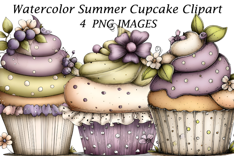 Watercolor Summer Cupcake Clipart