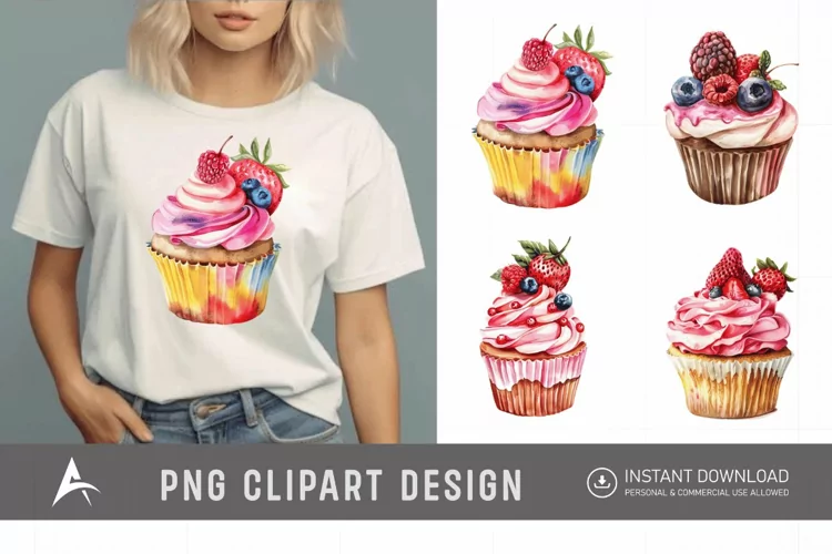 Watercolor Summer Cupcake Clipart