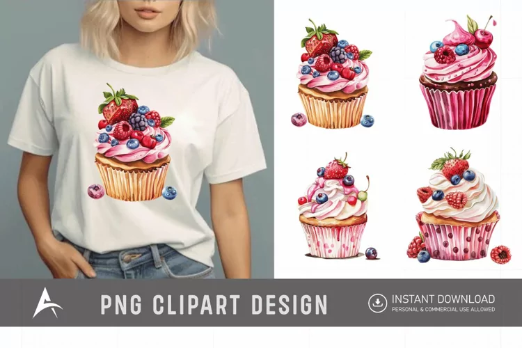 Watercolor Summer Cupcake Clipart