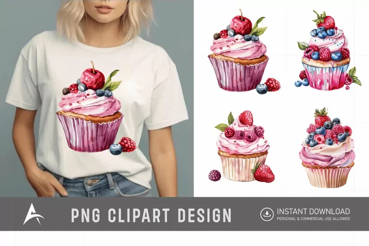 Watercolor Summer Cupcake Clipart