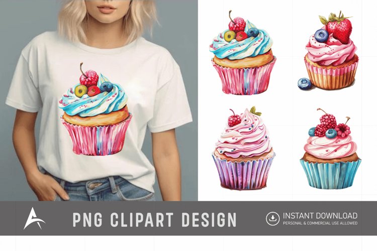 Watercolor Summer Cupcake Clipart