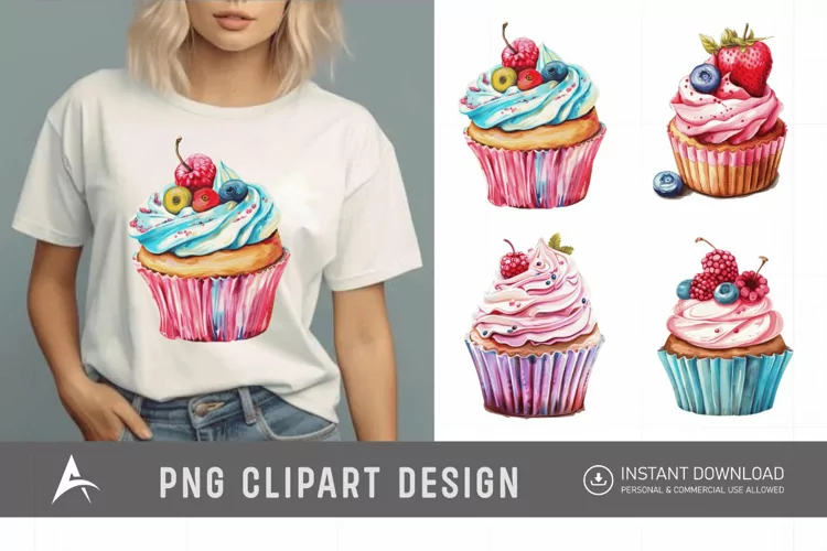 Watercolor Summer Cupcake Clipart