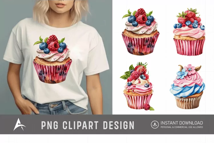 Watercolor Summer Cupcake Clipart