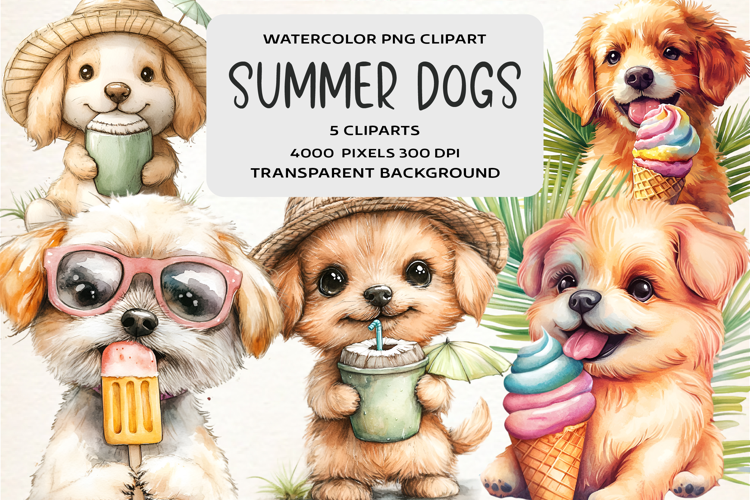 Watercolor Summer Dogs Clipart