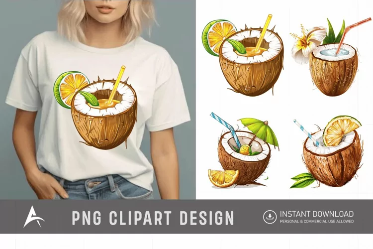 Watercolor Summer Element Coconut Drink Clipart
