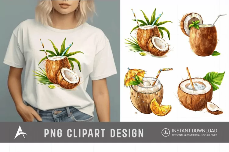 Watercolor Summer Element Coconut Drink Clipart