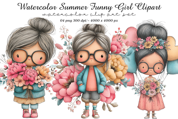 Watercolor Summer Funny Girl Clipart
