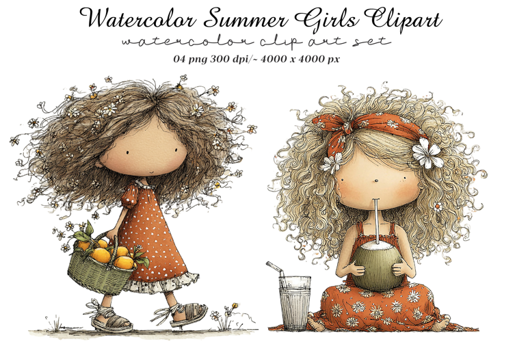 Watercolor Summer Girls Clipart