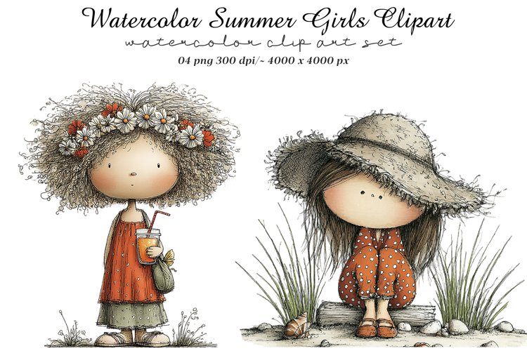 Watercolor Summer Girls Clipart