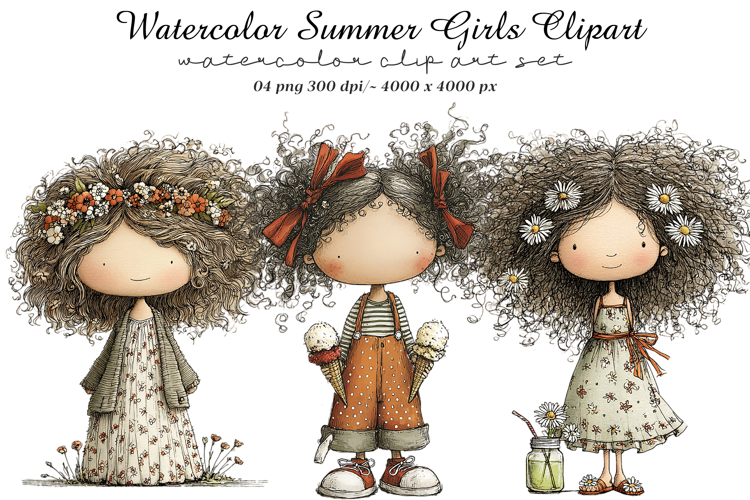 Watercolor Summer Girls Clipart