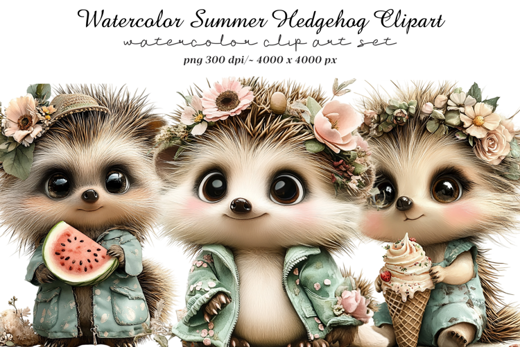 Watercolor Summer Hedgehog Clipart
