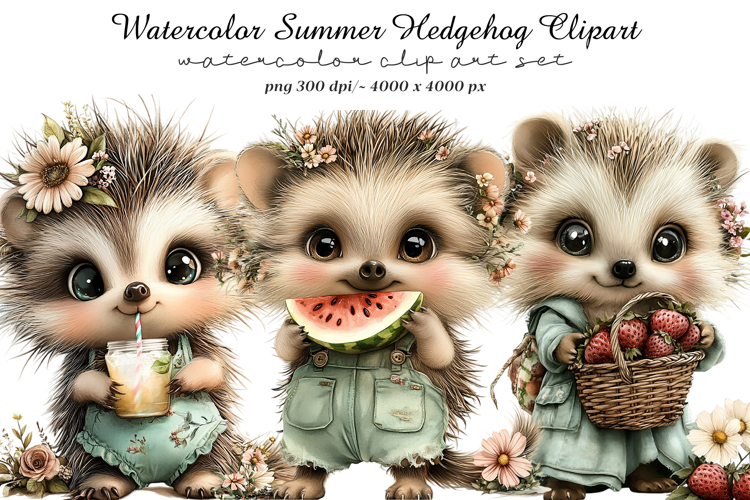 Watercolor Summer Hedgehog Clipart
