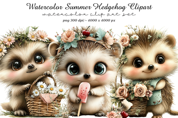 Watercolor Summer Hedgehog Clipart