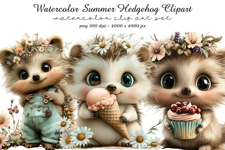 Watercolor Summer Hedgehog Clipart