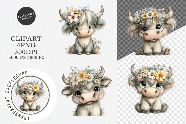 Watercolor Summer Highland Cow Clipart