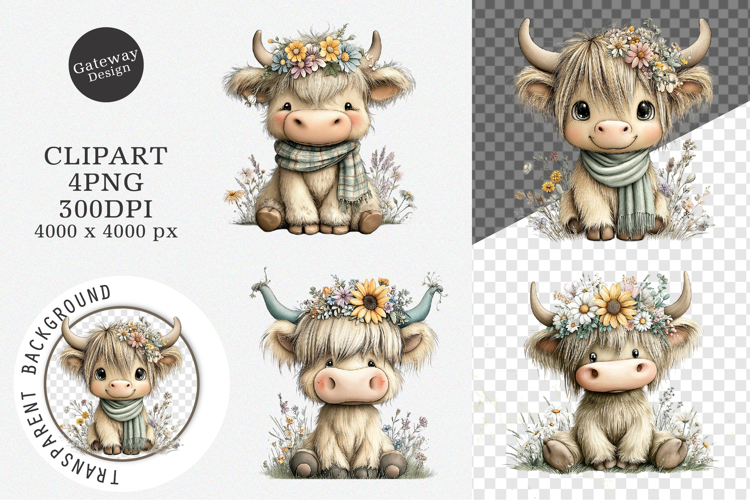 Watercolor Summer Highland Cow Clipart