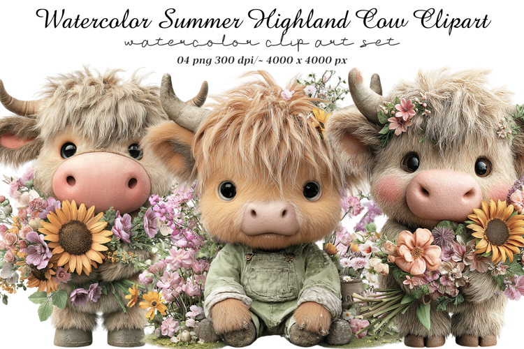 Watercolor Summer Highland Cow Clipart