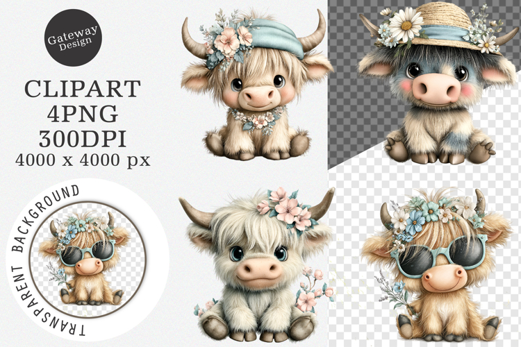 Watercolor Summer Highland Cow Clipart- Summer Highland Cow