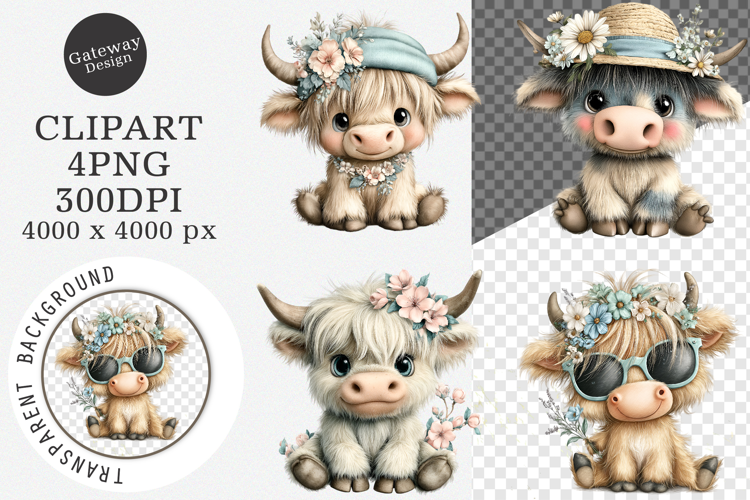 Watercolor Summer Highland Cow Clipart- Summer Highland Cow