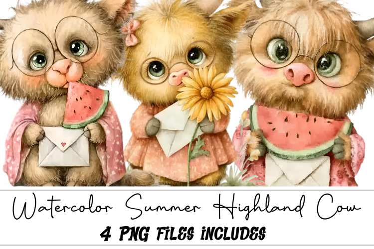 Watercolor Summer Highland Cow Clipart