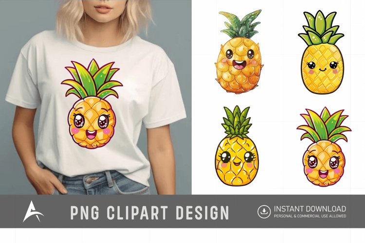 Watercolor Summer Kawaii Pineapple Clipart