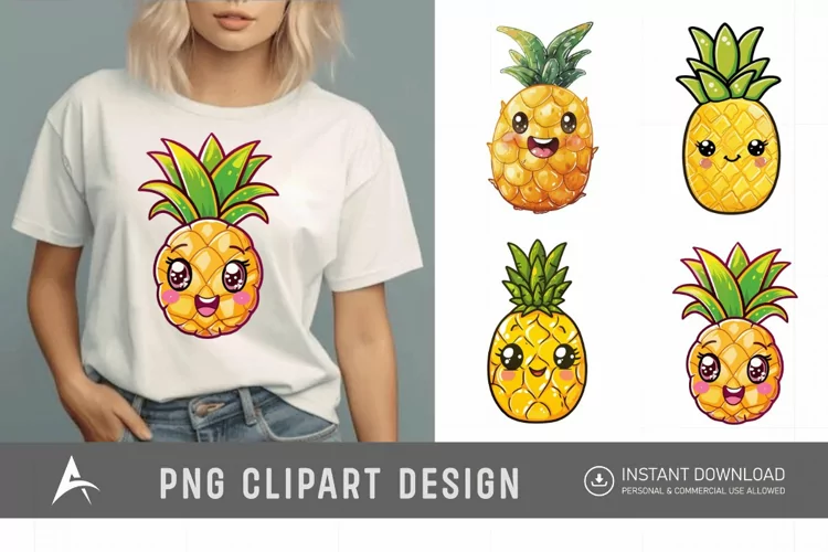 Watercolor Summer Kawaii Pineapple Clipart