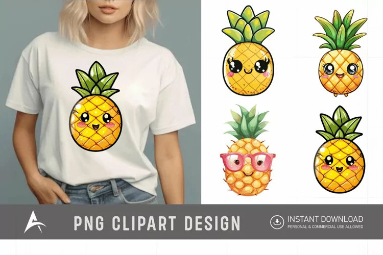 Watercolor Summer Kawaii Pineapple Clipart
