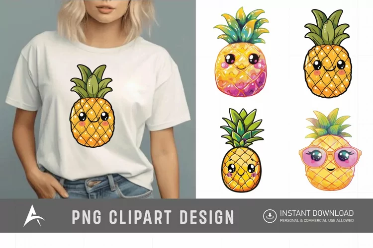 Watercolor Summer Kawaii Pineapple Clipart