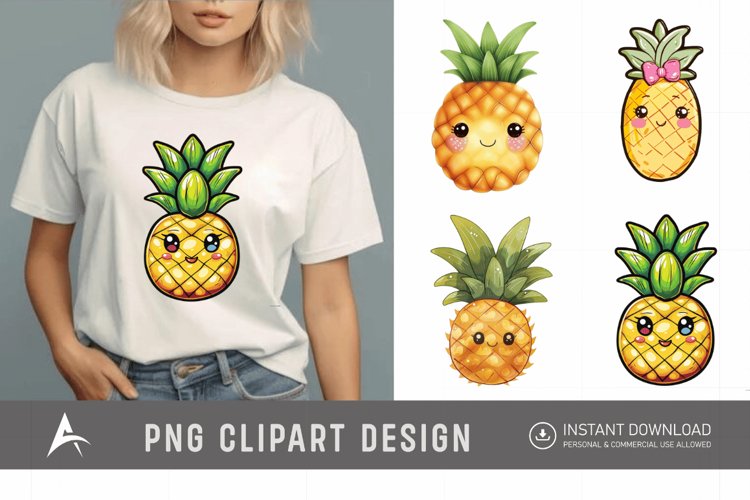 Watercolor Summer Kawaii Pineapple Clipart example image 1