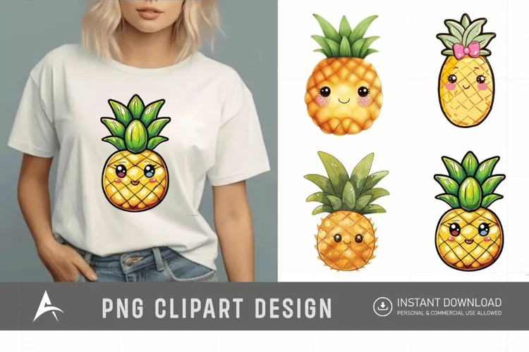 Watercolor Summer Kawaii Pineapple Clipart