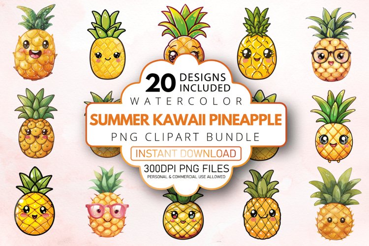 Watercolor Summer Kawaii Pineapple Clipart Bundle example image 1
