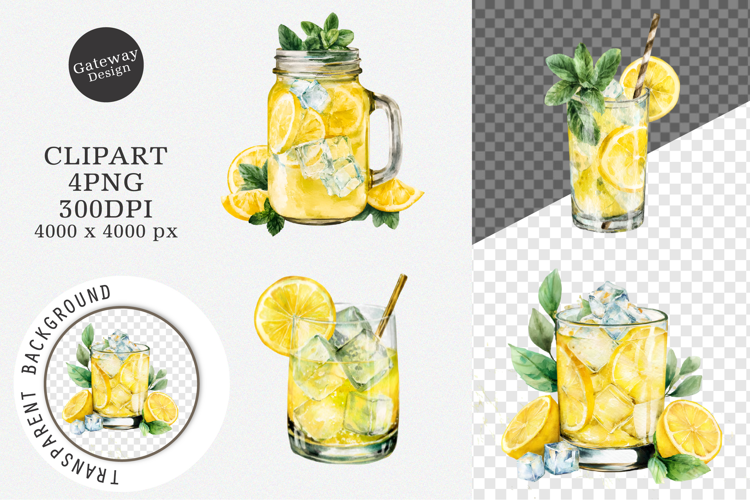 Watercolor Summer Lemon Glass Clipart