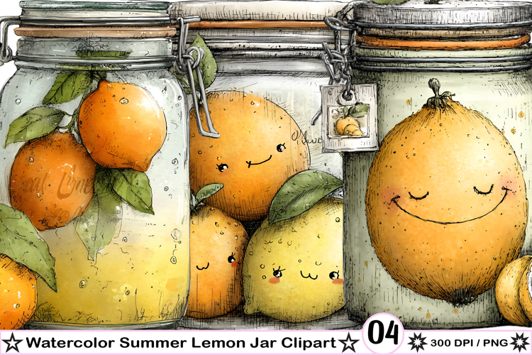 Watercolor Summer Lemon Jar Clipart