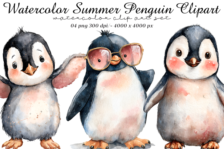 Watercolor Summer Penguin Clipart