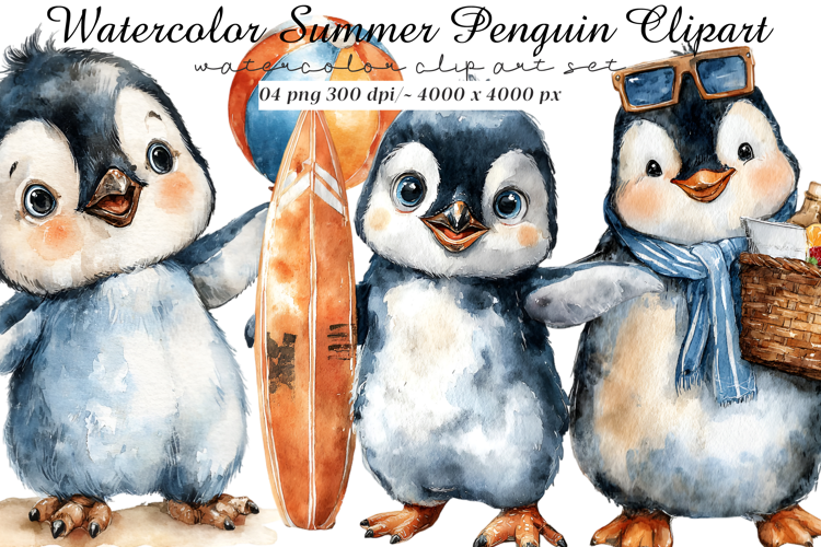 Watercolor Summer Penguin Clipart