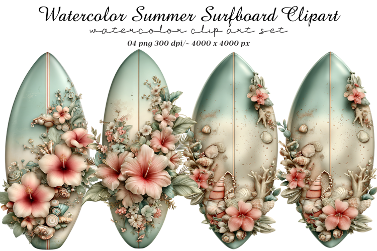 Watercolor Summer Surfboard Clipart