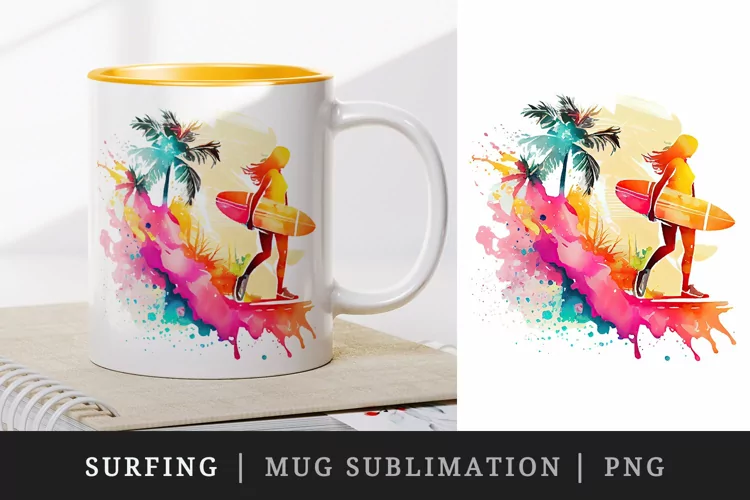 Summer surfing mug, cup wrap sublimation design png