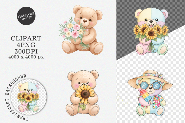Watercolor Summer Teddy Bear Clipart example image 1