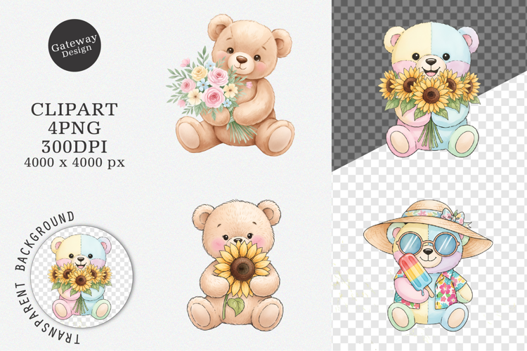 Watercolor Summer Teddy Bear Clipart
